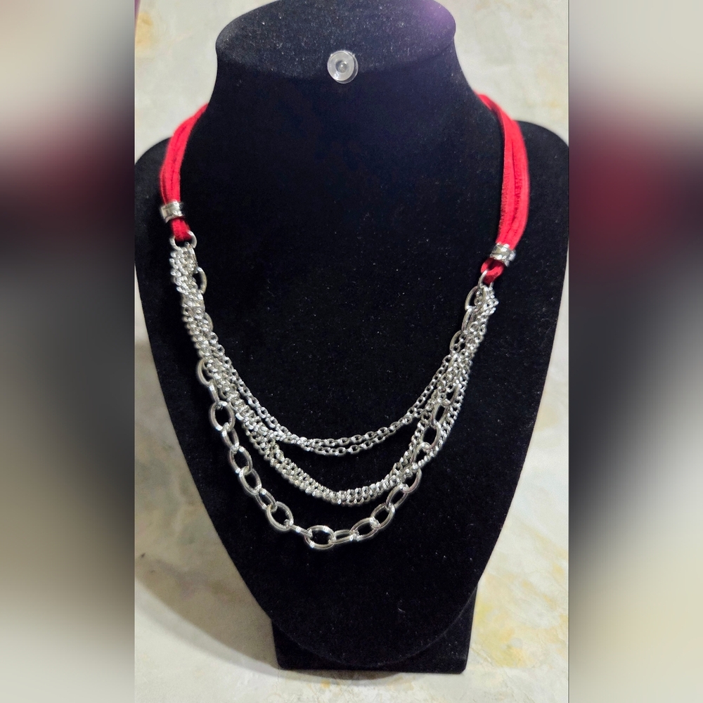 paparazzi Silver Multi-Layer Necklace with Red Cord